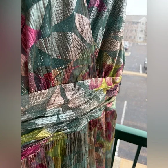 🆕 Ignite Evenings Metallic Floral Maxi Dress Size 16 Teal Gold Gown Pleated Prom - Picture 7 of 16